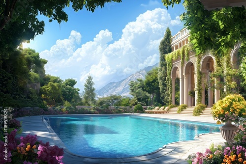 From a wide-angle view on a sunny summer day, luxurious swimming pool sparkles like a sapphire gem, surrounded by lush greenery and vibrant flowers, inviting guests to bask in warm sunlight photo