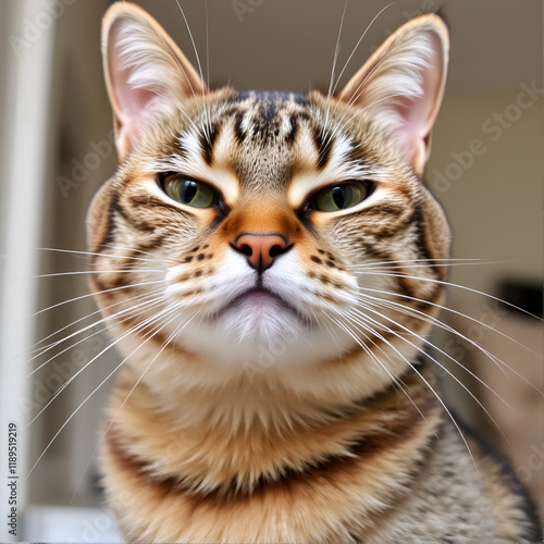 close-up portrait of a tabby cat with a very displeased face photo