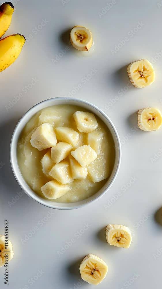 Fresh banana slices gently placed on creamy smoothie in timelapse progression Fresh banana slices gently placed on creamy smoothie in timelapse progression