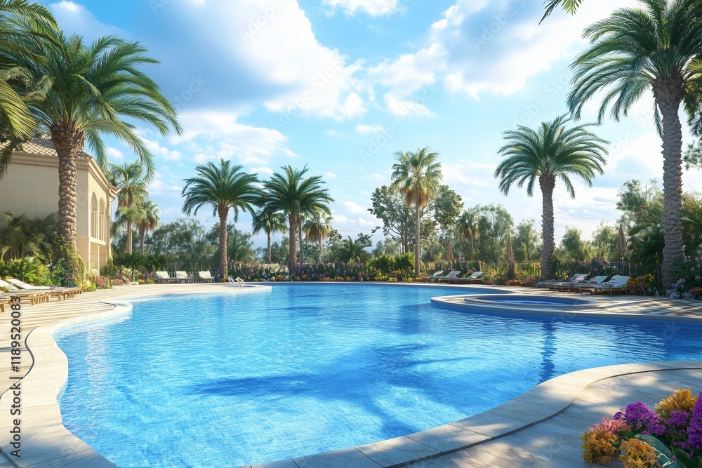 From sunbed on sundeck of luxury beach hotel with a pool, panoramic view of sparkling sea and golden sandy shore stretches out before you, creating an idyllic setting for a vacation home or hotel stay From sunbed on sundeck of luxury beach hotel with a pool, panoramic view of sparkling sea and golden sandy shore stretches out before you, creating an idyllic setting for a vacation home or hotel stay