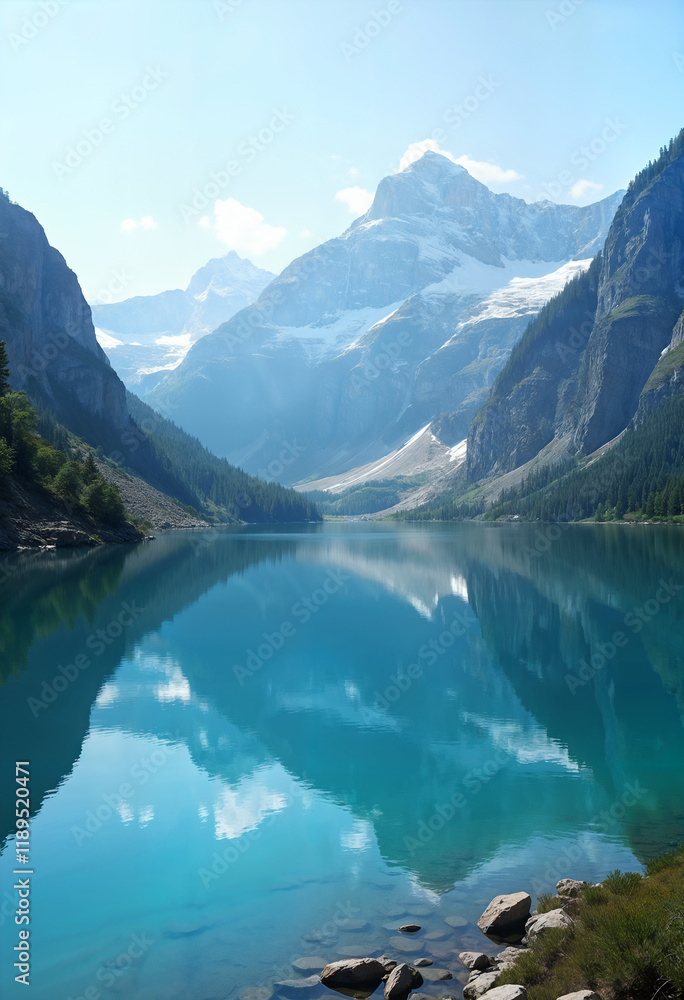 Obraz premium Mountain landscape with a clear blue lake reflecting the peaks