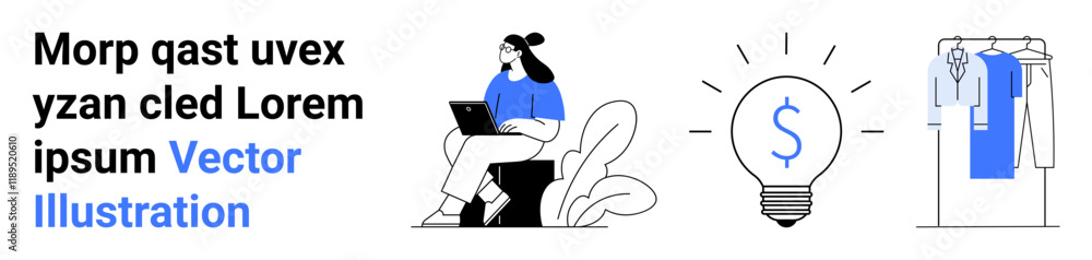 Woman sitting on chair using laptop, dollar sign in lightbulb symbolizes financial concept, clothes on a rack. Ideal for business strategy, finance, online work, fashion industry, retail, innovation Woman sitting on chair using laptop, dollar sign in lightbulb symbolizes financial concept, clothes on a rack. Ideal for business strategy, finance, online work, fashion industry, retail, innovation