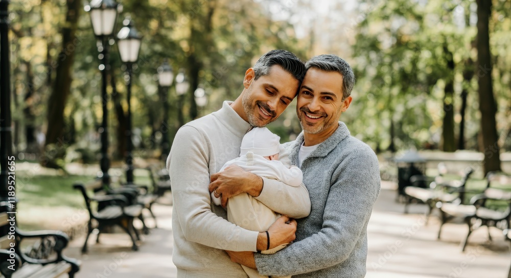 Loving same-sex parents with newborn in park setting embracing family bond Loving same-sex parents with newborn in park setting embracing family bond