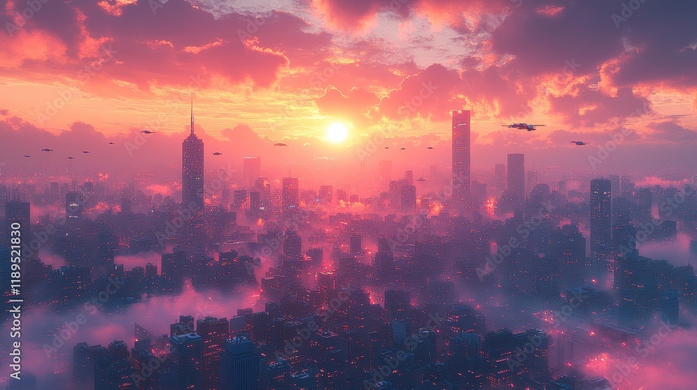 Fototapeta premium A vibrant sunset over a futuristic city skyline filled with clouds.