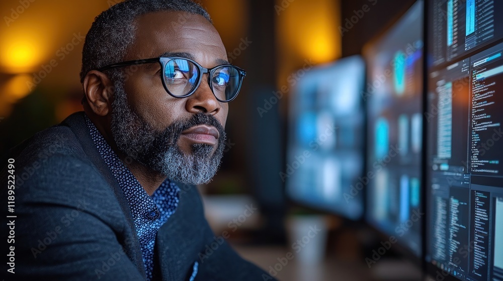 Fototapeta premium Focused man in glasses reviewing data on multiple monitors.