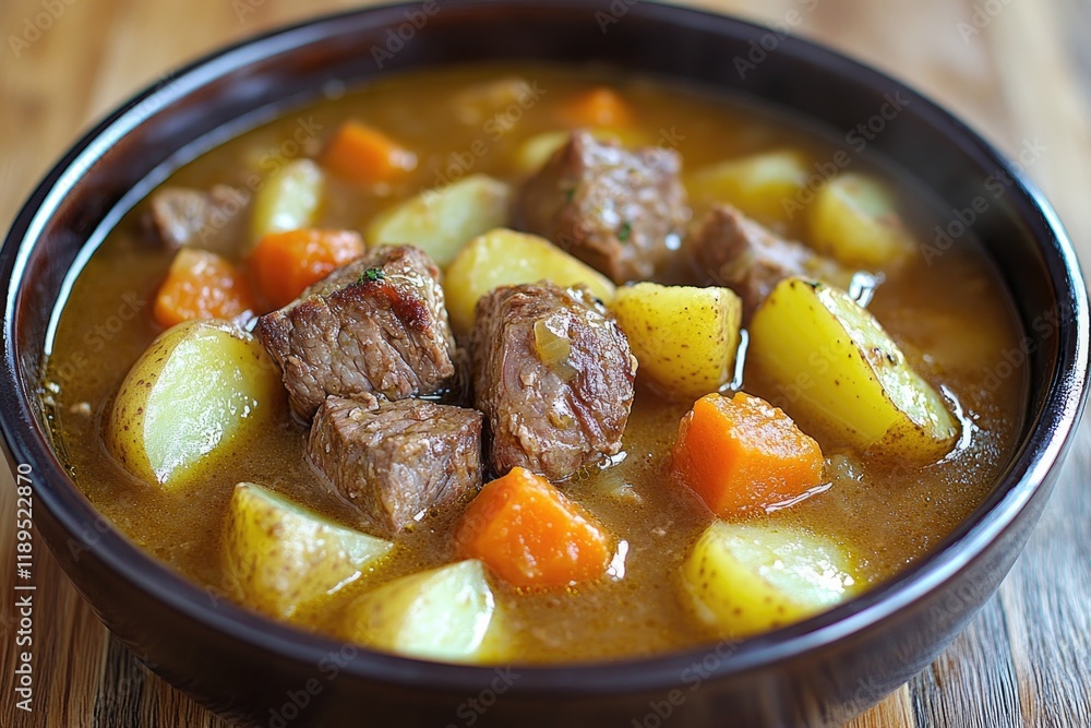 warm and inviting close-up of hearty irish stew with tender chunks of lamb potatoes and carrots in rich broth placed warm and inviting close-up of hearty irish stew with tender chunks of lamb potatoes and carrots in rich broth placed