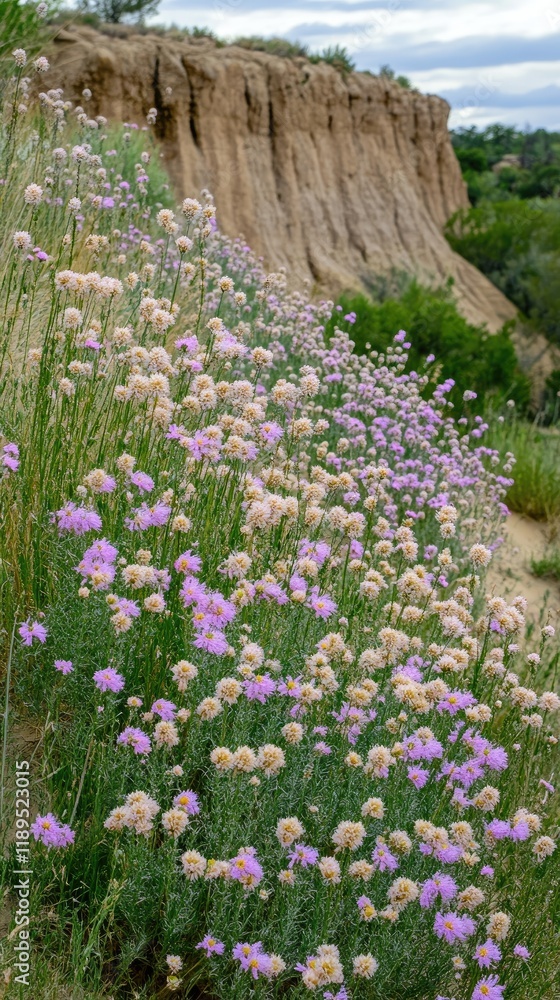 Fototapeta premium Purple wildflowers bloom hillside, eroded cliffs background, nature scene, landscape photography