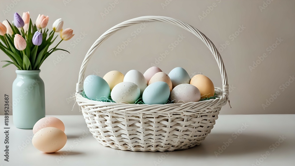 A minimalist Easter decoration with a white basket filled with pastel-colored eggs, placed in a serene setting with soft lighting and neutral tones A minimalist Easter decoration with a white basket filled with pastel-colored eggs, placed in a serene setting with soft lighting and neutral tones