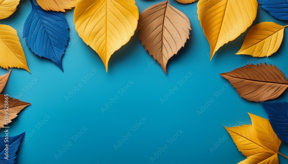 Fototapeta premium yellow and blue autumn leaves forming a border on a blue background