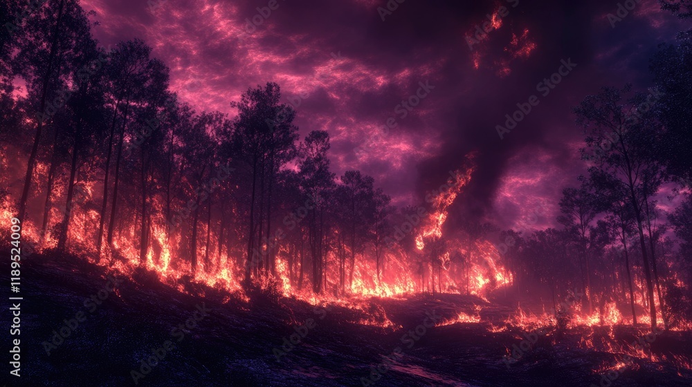 A dramatic scene of a forest engulfed in flames under a purple sky. A dramatic scene of a forest engulfed in flames under a purple sky.