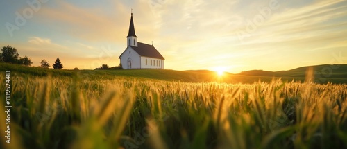 Sunset over wheat field, church, peaceful scene