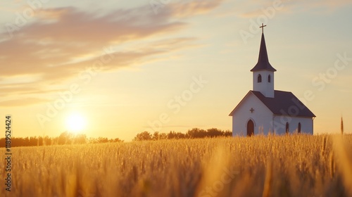 Sunset over wheat field, church. Peaceful rural scene. Faith, hope, serenity