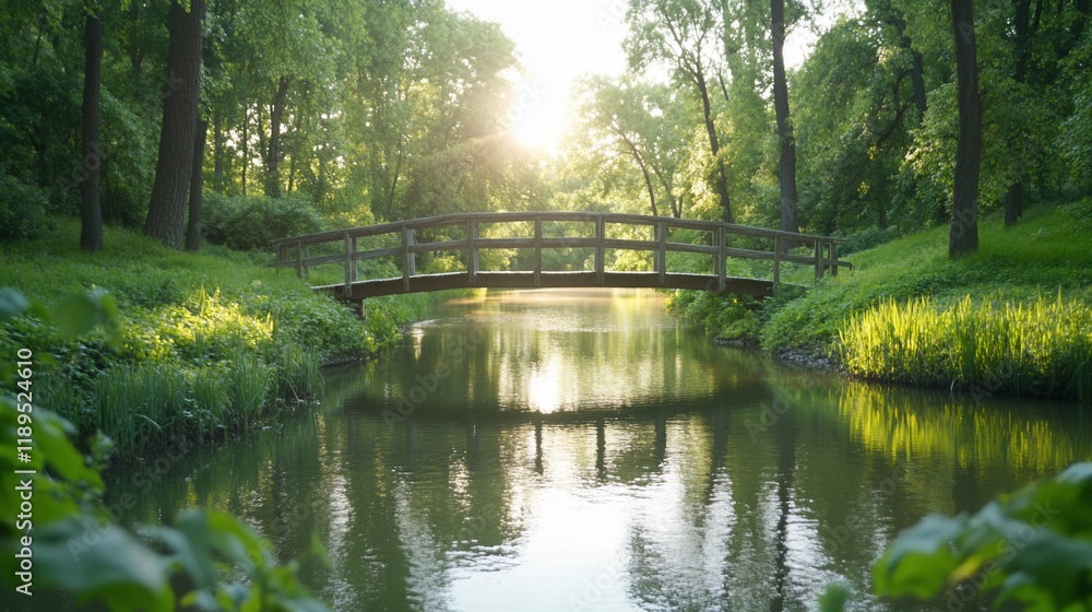 Sunset park bridge, peaceful river, green foliage, nature scene Sunset park bridge, peaceful river, green foliage, nature scene