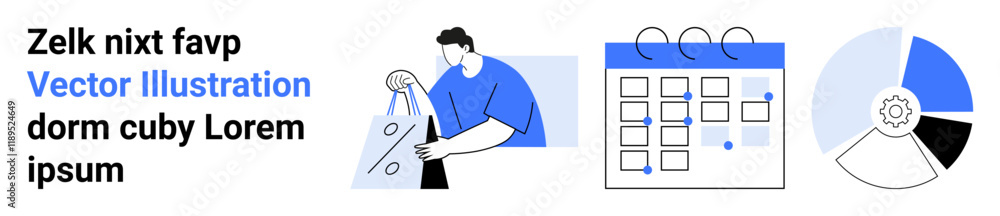 Man carrying shopping bags, calendar with events marked, and a pie chart with segments. Ideal for time management, planning, personal organization, event scheduling, data analysis, retail Man carrying shopping bags, calendar with events marked, and a pie chart with segments. Ideal for time management, planning, personal organization, event scheduling, data analysis, retail