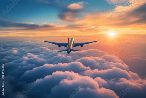private luxury jet soared gracefully through vibrant morning sky with wide-angle view of sun-kissed clouds below, offering a panoramic view of world awakening to a new day sunrise