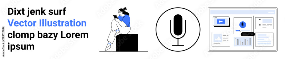 Woman seated reading a book, black microphone symbol, and conceptual data presentation on digital screen interface. Ideal for education, technology, communication, multimedia, data analysis Woman seated reading a book, black microphone symbol, and conceptual data presentation on digital screen interface. Ideal for education, technology, communication, multimedia, data analysis