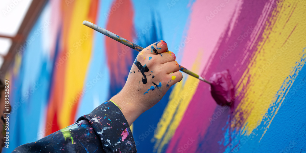 Naklejka premium Young Artist Creating Vibrant Street Mural. Close-up of an artist's hand applying a stroke of bright magenta paint to a colorful, abstract mural.