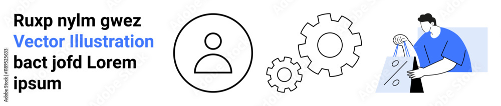 User profile icon, black outline of gears, blue-hued character examining code snippet on paper. Ideal for web design, app development, product management, user interface, settings, technical support User profile icon, black outline of gears, blue-hued character examining code snippet on paper. Ideal for web design, app development, product management, user interface, settings, technical support