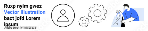 User profile icon, black outline of gears, blue-hued character examining code snippet on paper. Ideal for web design, app development, product management, user interface, settings, technical support