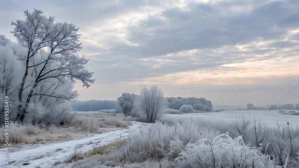A serene winter landscape is covered in a delicate layer of frost A serene winter landscape is covered in a delicate layer of frost