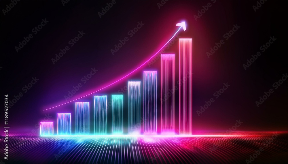 Rising graph in glowing neon colors, brightly shining lines on a dark background Rising graph in glowing neon colors, brightly shining lines on a dark background