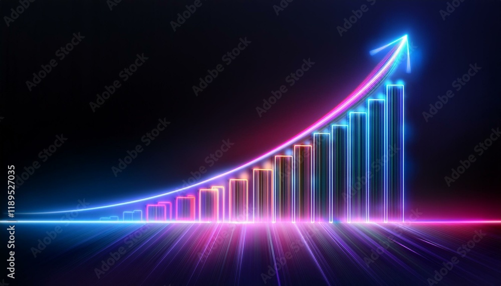 Rising graph in glowing neon colors, brightly shining lines on a dark background Rising graph in glowing neon colors, brightly shining lines on a dark background