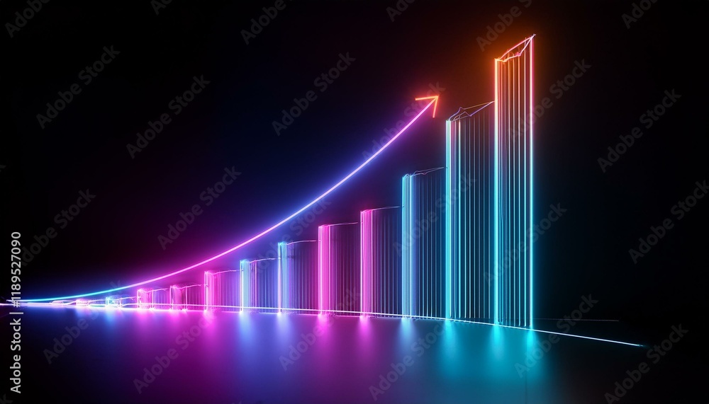 Rising graph in glowing neon colors, brightly shining lines on a dark background Rising graph in glowing neon colors, brightly shining lines on a dark background
