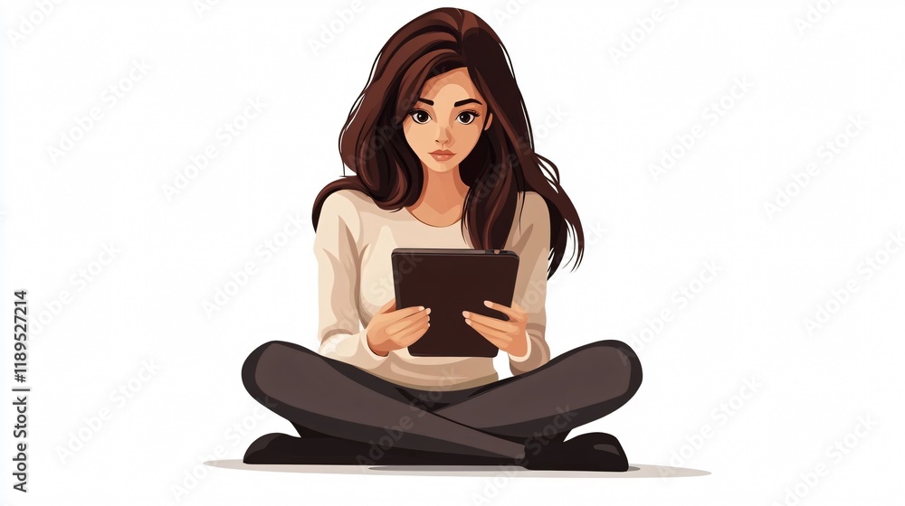 Professional young woman using tablet in center of wide angle composition Professional young woman using tablet in center of wide angle composition