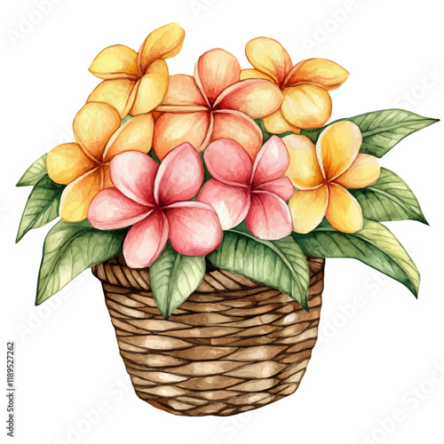 A watercolor vector painting of a Plumeria bouquet in a basket, isolated on a white background. Plumeria bouquet vector.

