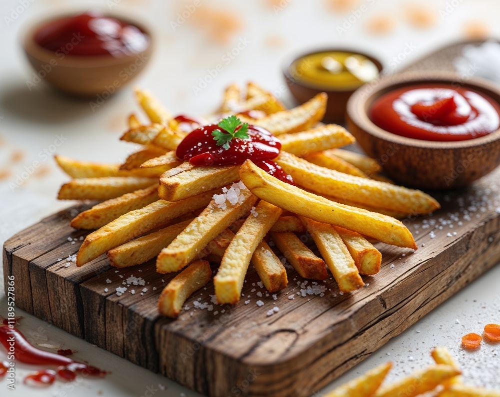 illustration of delicious French fries served on wooden board with ketchup and mustard in wooden bowl garnished with salt illustration of delicious French fries served on wooden board with ketchup and mustard in wooden bowl garnished with salt