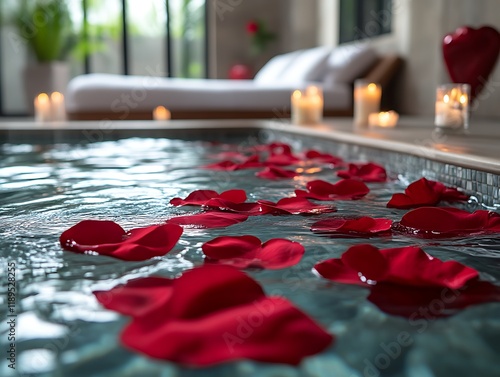 Romantic indoor pool with rose petals. photo