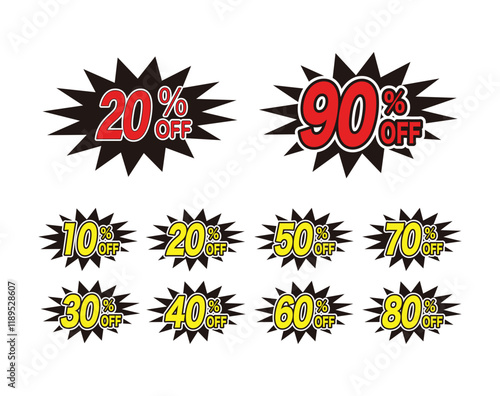 Set of sale tags: 10% to 90% off discount online banner sales tag vector design