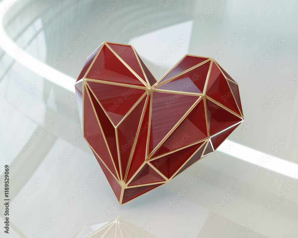 Geometric Red Heart with Gold Trim on Reflective Surface. A modern, geometrically designed red heart with gold edges sits elegantly on a reflective surface. Geometric Red Heart with Gold Trim on Reflective Surface. A modern, geometrically designed red heart with gold edges sits elegantly on a reflective surface.