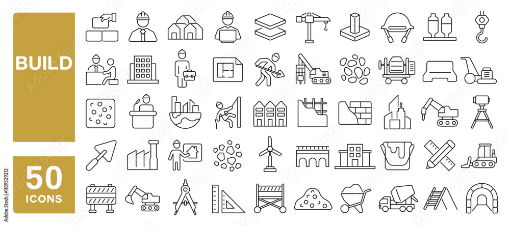 Set of 50 line icons related to build, contractor, engineer, worker, construction, concrete, architecture, crane, equipment, Editable stroke. Vector illustration Set of 50 line icons related to build, contractor, engineer, worker, construction, concrete, architecture, crane, equipment, Editable stroke. Vector illustration