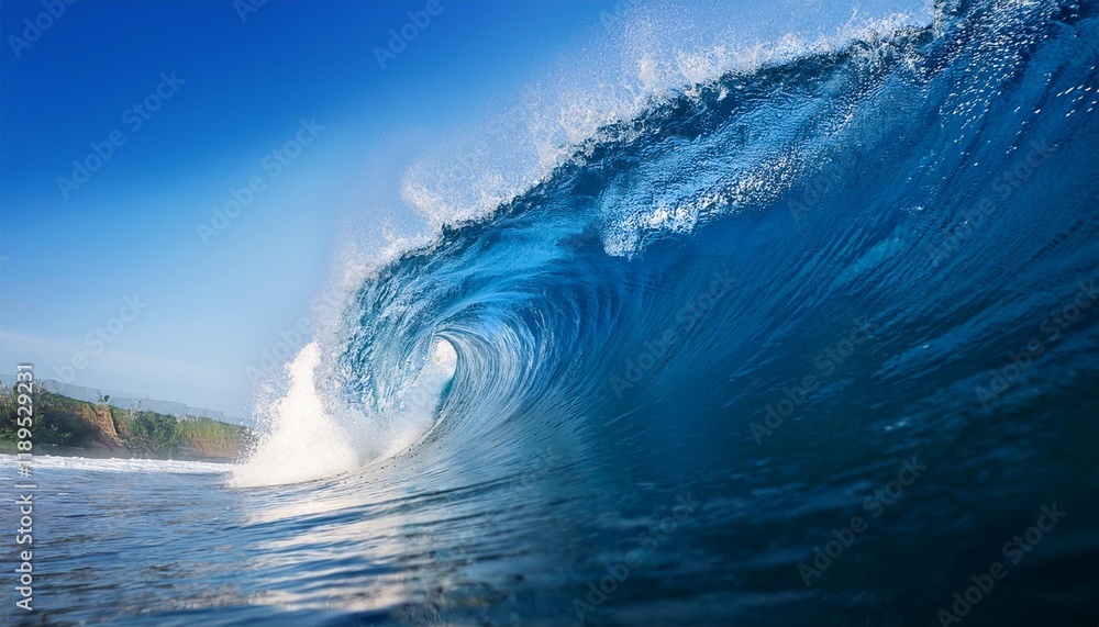 Obraz premium large breaking blue ocean wave captured in movement
