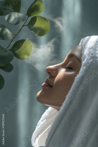 A woman with eyes closed in a white towel enjoys a facial steam treatment