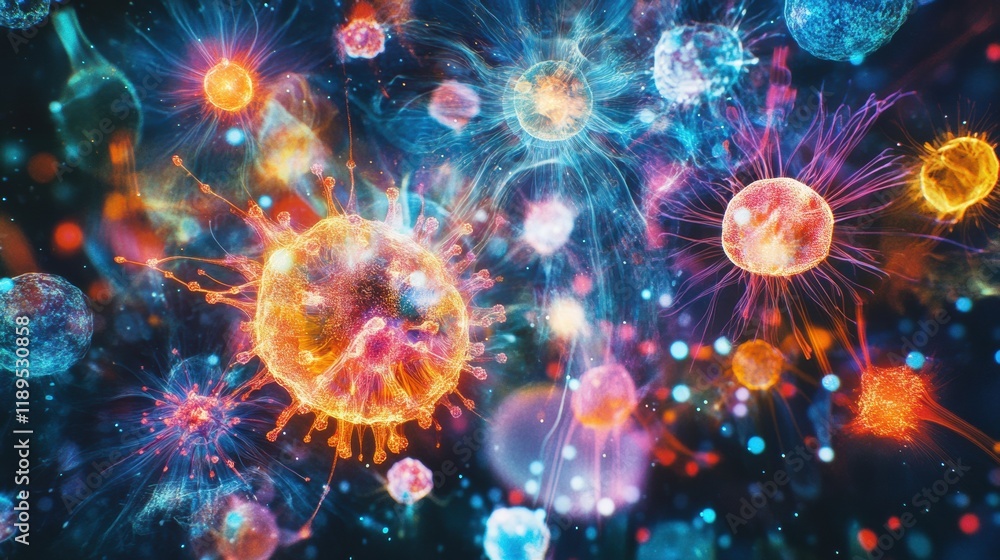 Viruses interacting with cells in a colorful animated depiction showcasing complex biological processes. Generative AI Viruses interacting with cells in a colorful animated depiction showcasing complex biological processes. Generative AI