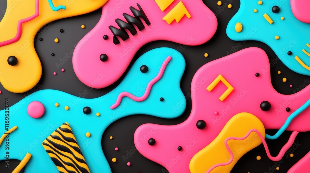 Fototapeta premium A vibrant abstract design featuring colorful shapes and patterns in pink, yellow, and blue.