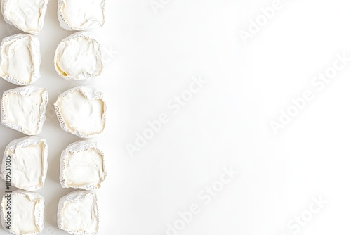 overhead shot of creamy goat cheese logs arranged in row on smooth white background with ample copy space photo