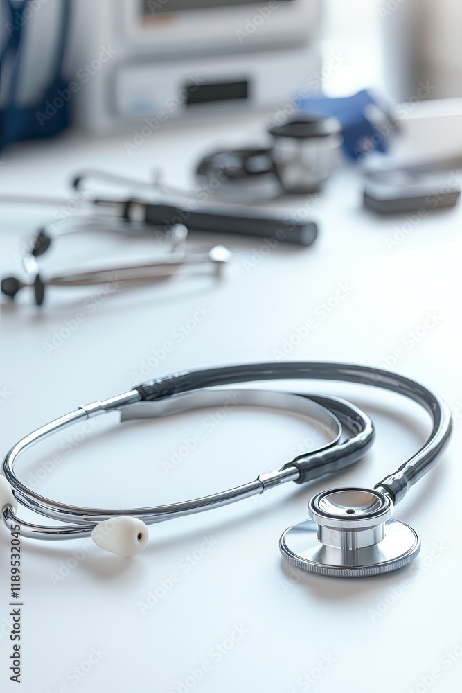 close-up of doctor stethoscope placed neatly on white desk with blurred medical tools in background close-up of doctor stethoscope placed neatly on white desk with blurred medical tools in background