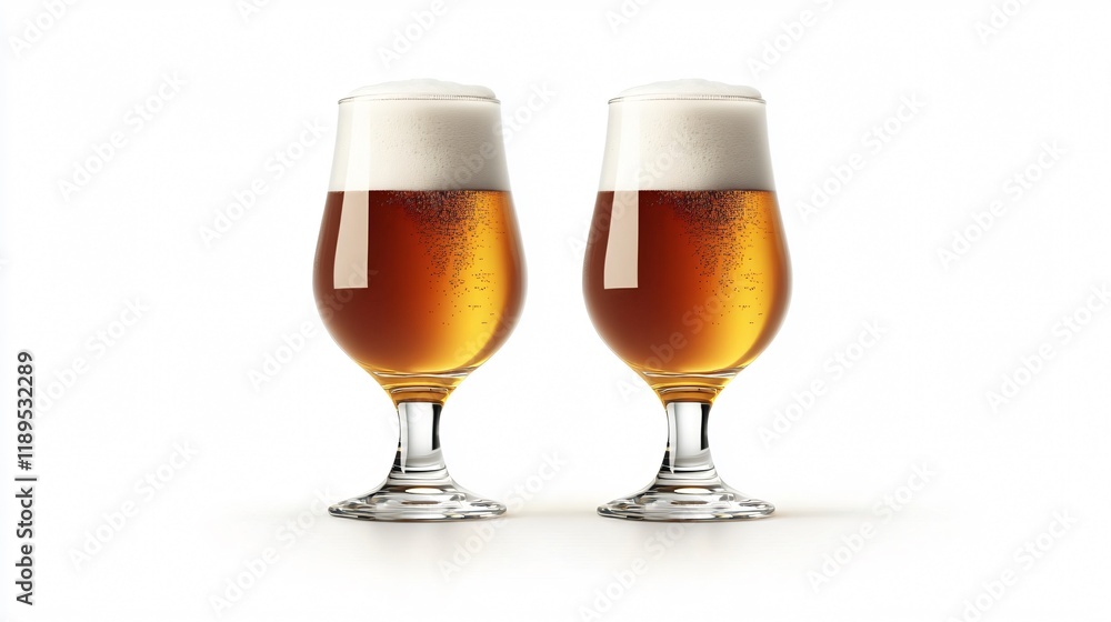 Wide Angle Shot of Two Beer Glasses with Foam Making Cheers Wide Angle Shot of Two Beer Glasses with Foam Making Cheers