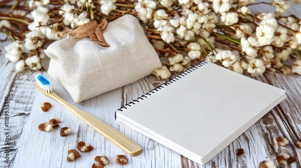 Fototapeta premium Rustic Still Life, Cotton Flowers, Notebook, and Bamboo Toothbrush