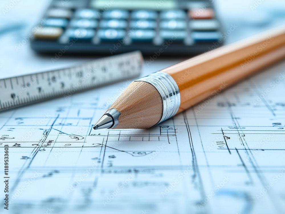 Calculator and pencil on architectural blueprints Calculator and pencil on architectural blueprints