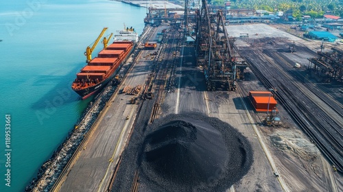 Industrial port activities, loading and unloading of coal or batu bara in Indonesian, Balikpapan Coal Terminal, Bayan Group, Balikpapan, East Kalimantan, IKN Nusantara, Indonesia photo