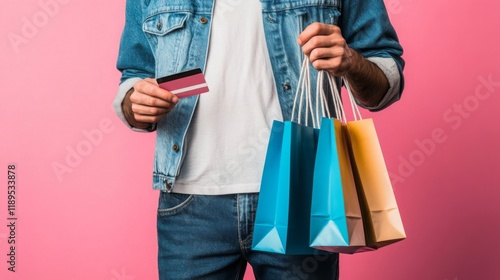 A person holding shopping bags and a credit card, standing against a pink background, representing modern retail and consumerism.