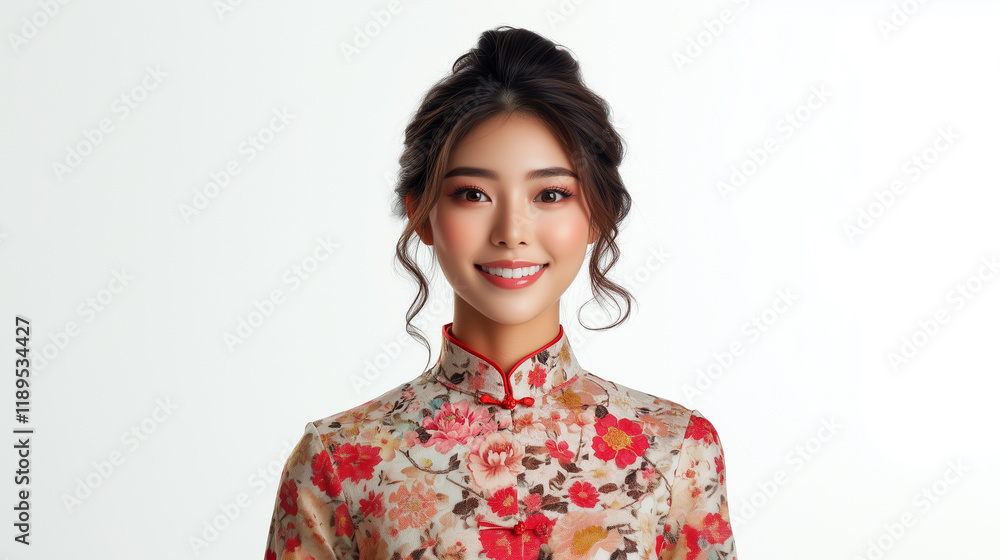 Smiling woman in floral traditional dress, showcasing elegance and beauty. Smiling woman in floral traditional dress, showcasing elegance and beauty.