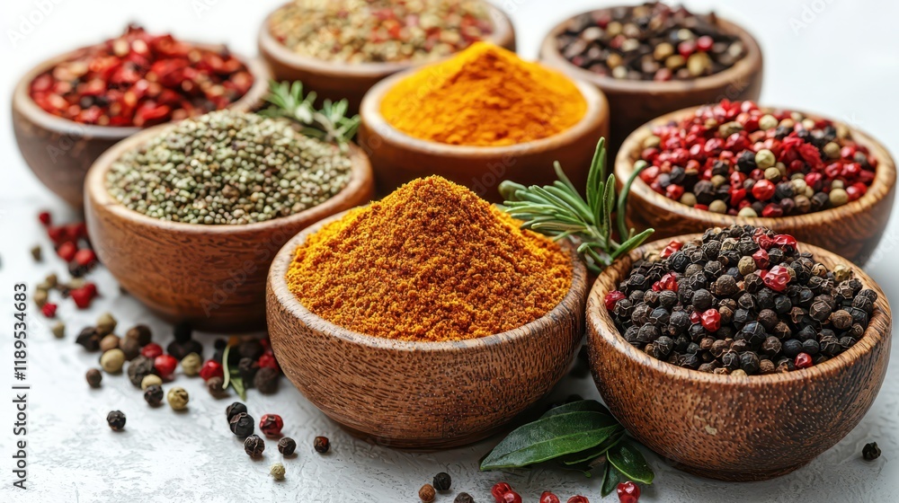 Assorted powdered spices in different bowls, showcasing bright colors and sparking culinary inspiration with vibrant hues and aromatic appeal. Assorted powdered spices in different bowls, showcasing bright colors and sparking culinary inspiration with vibrant hues and aromatic appeal.