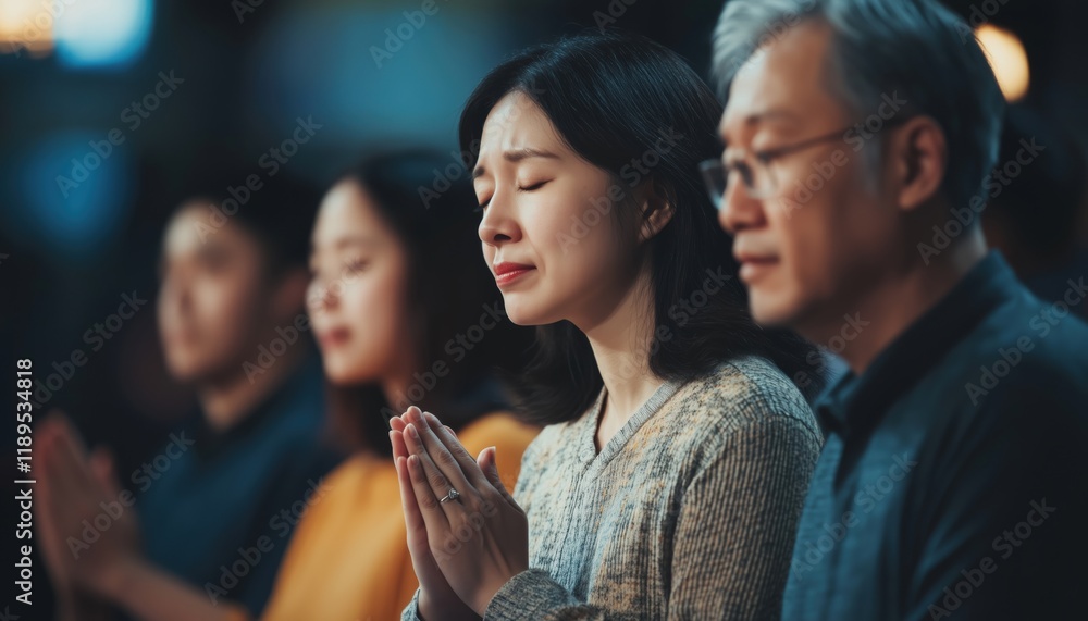 Fototapeta premium Asian Group Praying And Believing Together Before Studying Holy Bible In Church. Family And Friends Learning With Prayer.