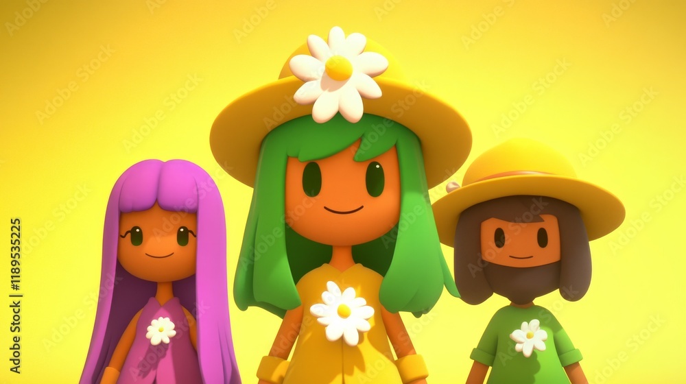Fototapeta premium three cheerful cartoon girls with flowers and hats, standing together in the sunshine