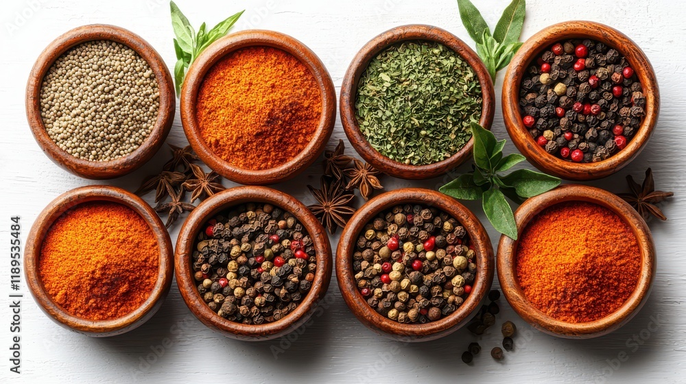 Spice powders arranged in small ceramic bowls, showcasing a vibrant array of colors and textures against a neutral background. Spice powders arranged in small ceramic bowls, showcasing a vibrant array of colors and textures against a neutral background.